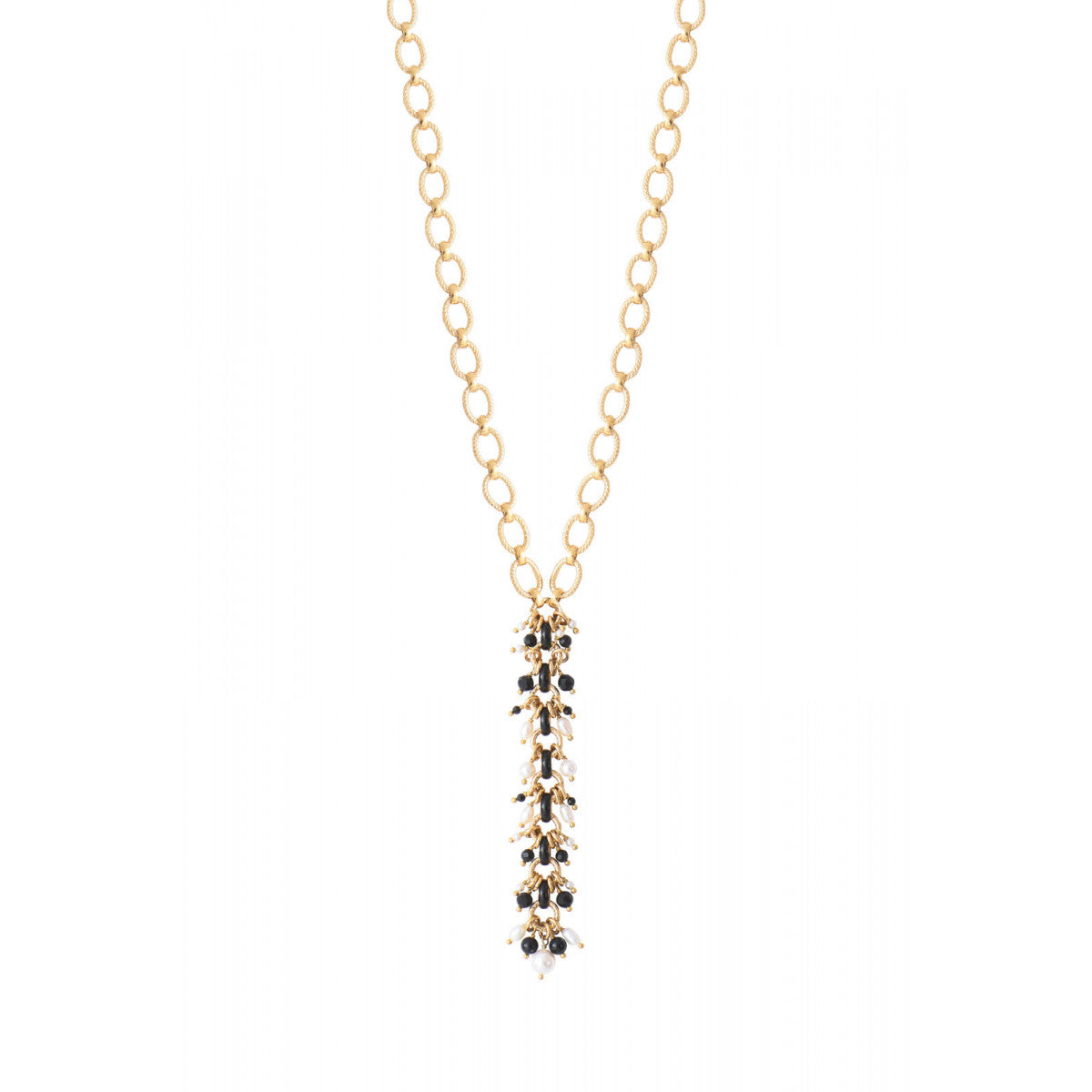 Sautoir chaîne précieux perles de rivière et onyx - noir Noir blanc