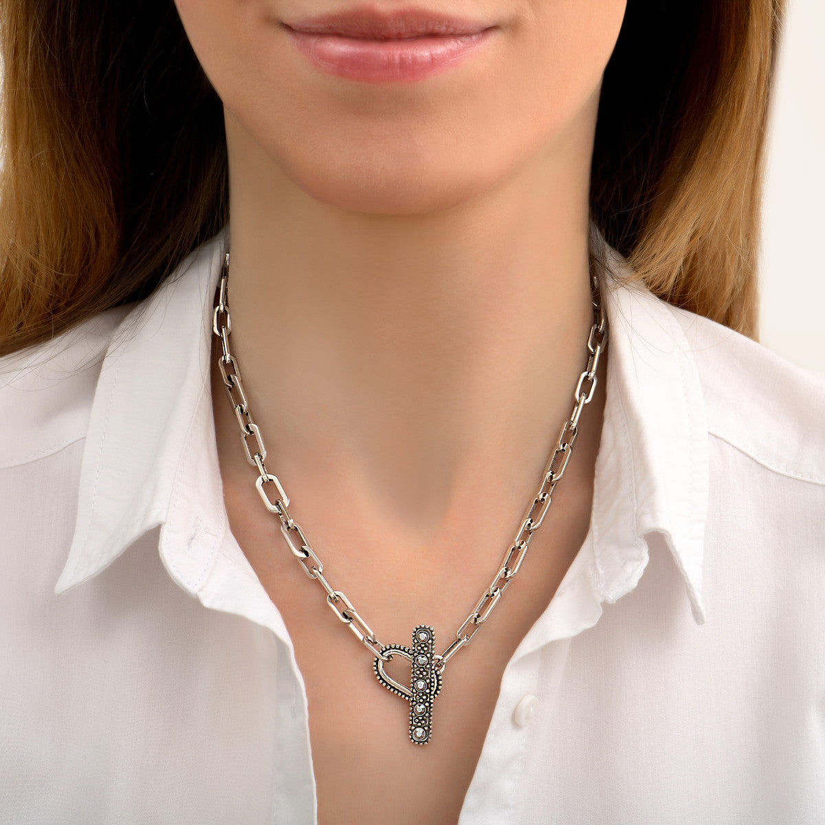 Collier chaîne rock métal et cristaux Prestige - argenté Argent