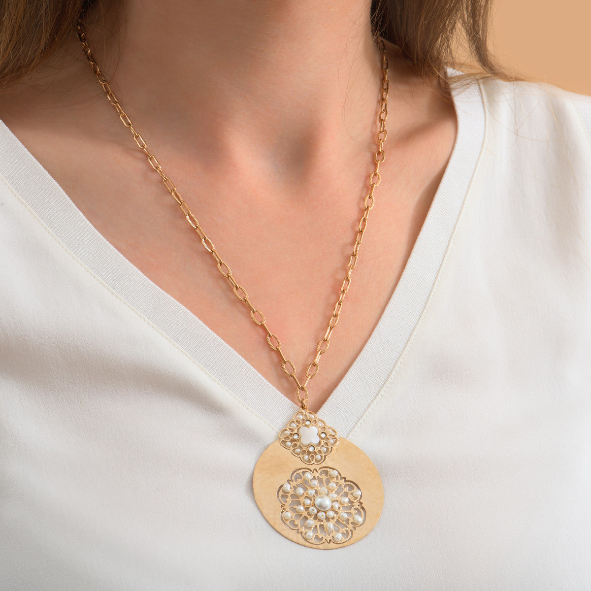 Collier sautoir nacre perles de rivière cristaux prestige - blanc Nacre