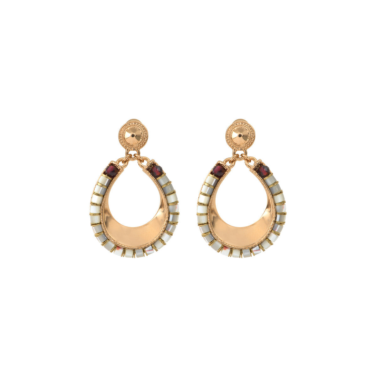 Boucles d'oreilles à tiges percées ethniques grenat nacre - blanc Nacre