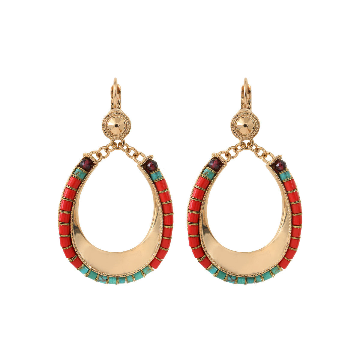 Boucles d'oreilles dormeuses grenat turquoise perles du Japon - rouge Turquoise rouge