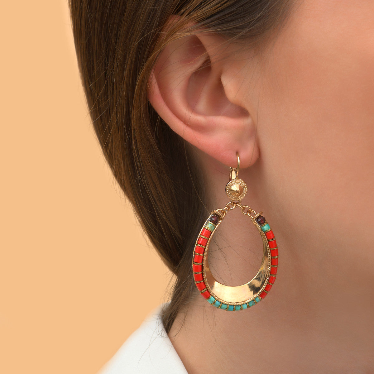 Boucles d'oreilles dormeuses grenat turquoise perles du Japon - rouge Turquoise rouge
