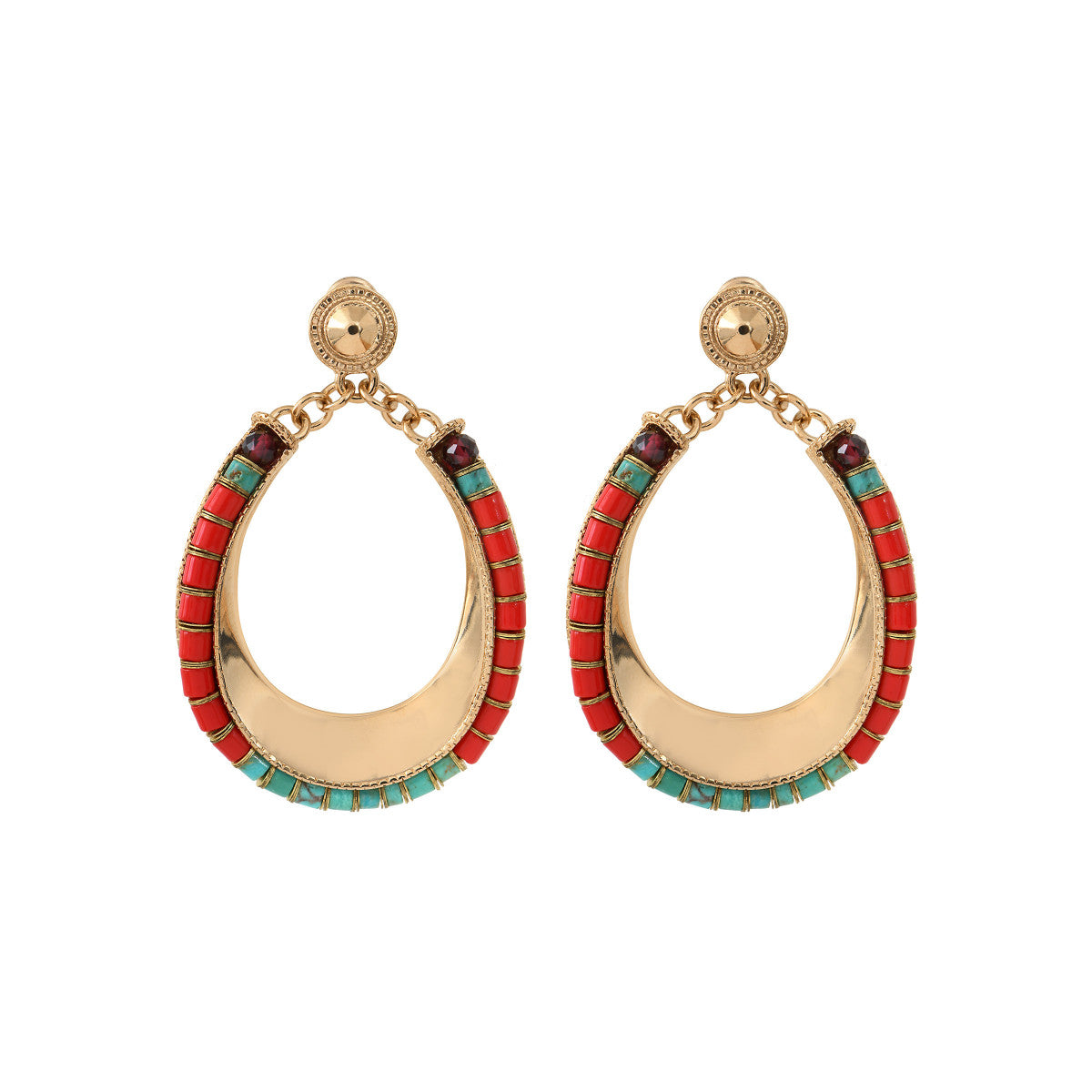 Boucles d'oreilles à tiges percées fantaisie grenat turquoise perles du Japon - rouge Turquoise rouge