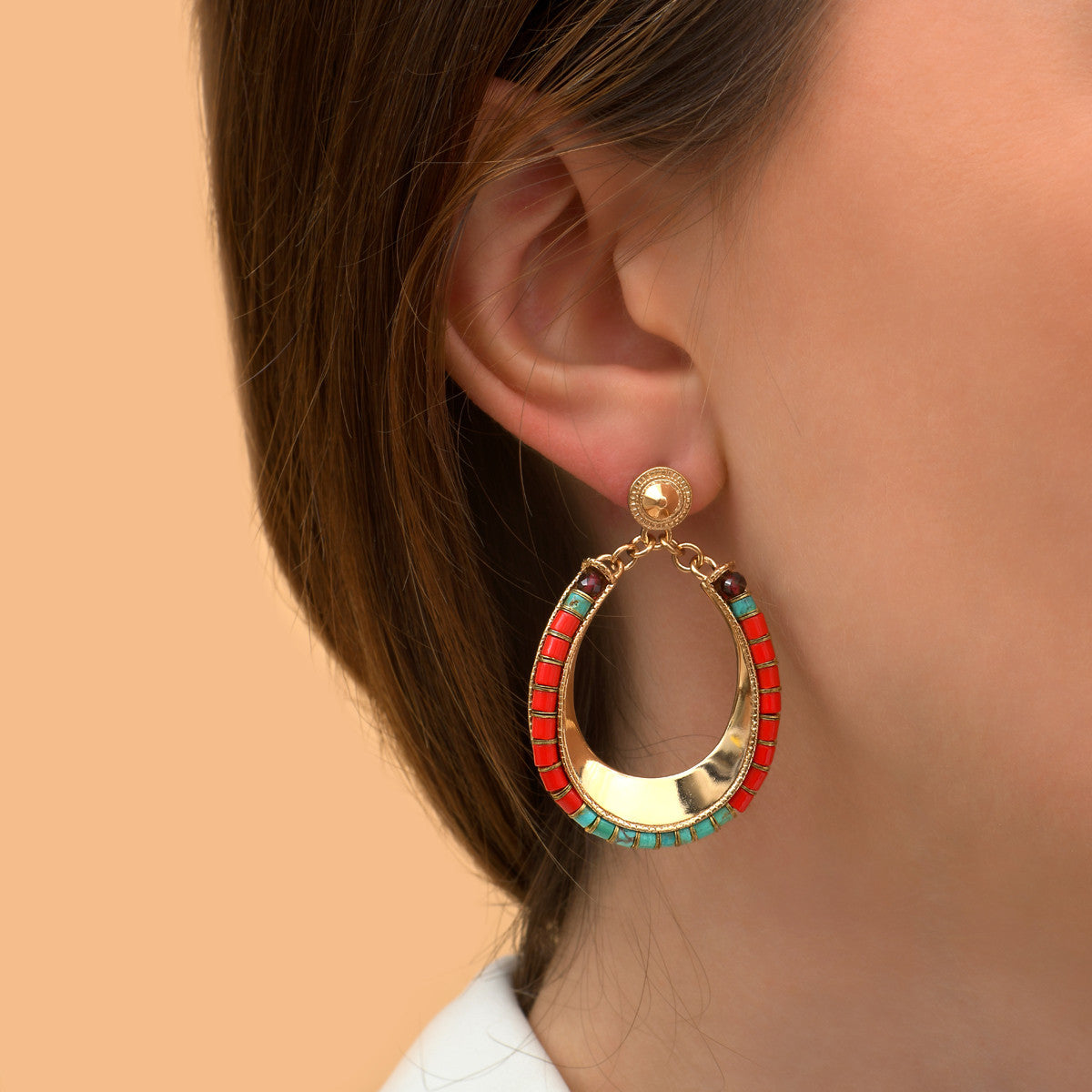 Boucles d'oreilles à tiges percées fantaisie grenat turquoise perles du Japon - rouge Turquoise rouge