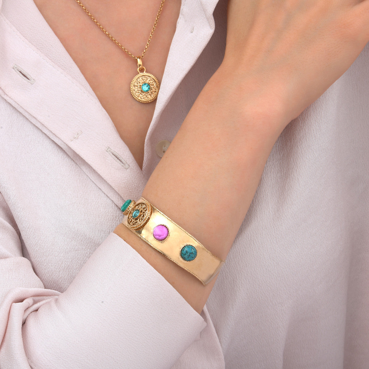 Bracelet manchette baroque cabochons colorés cristal prestige - bleu Bleu