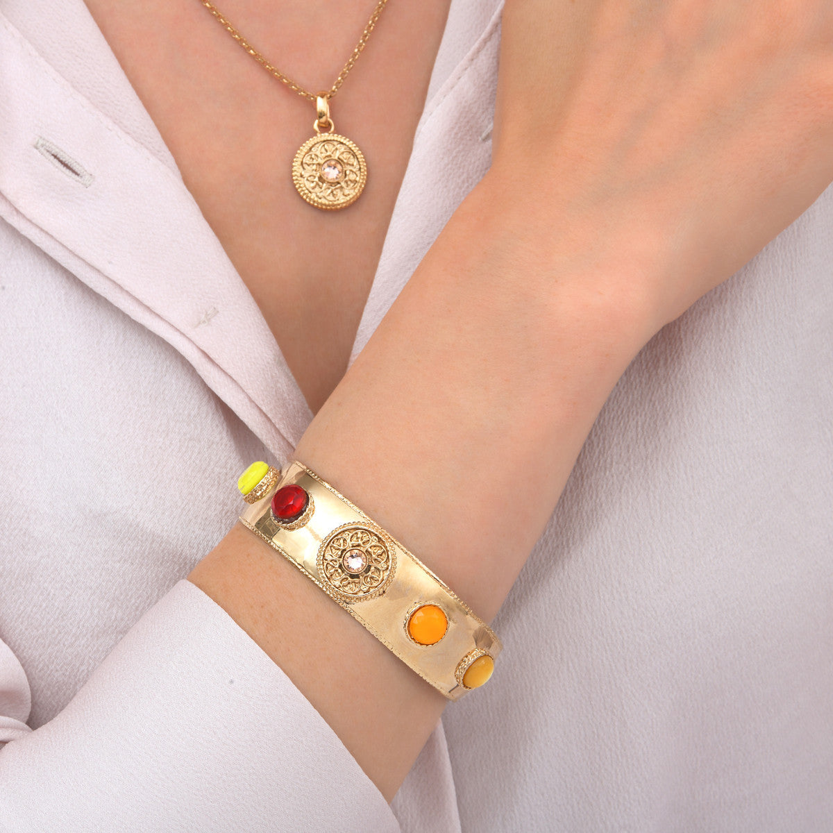 Bracelet manchette féminine cabochons colorés cristal prestige - rose Rouge