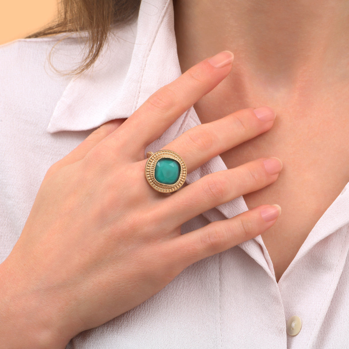 Bague cabochon ethnique féminine - turquoise Bleu