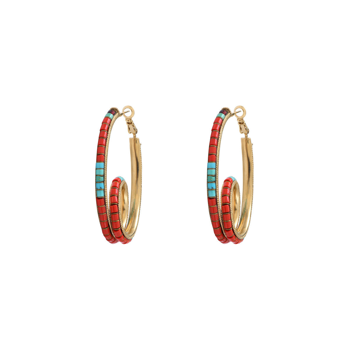 Boucles d'oreilles créoles fantaisie turquoise perles du Japon - rouge Turquoise rouge