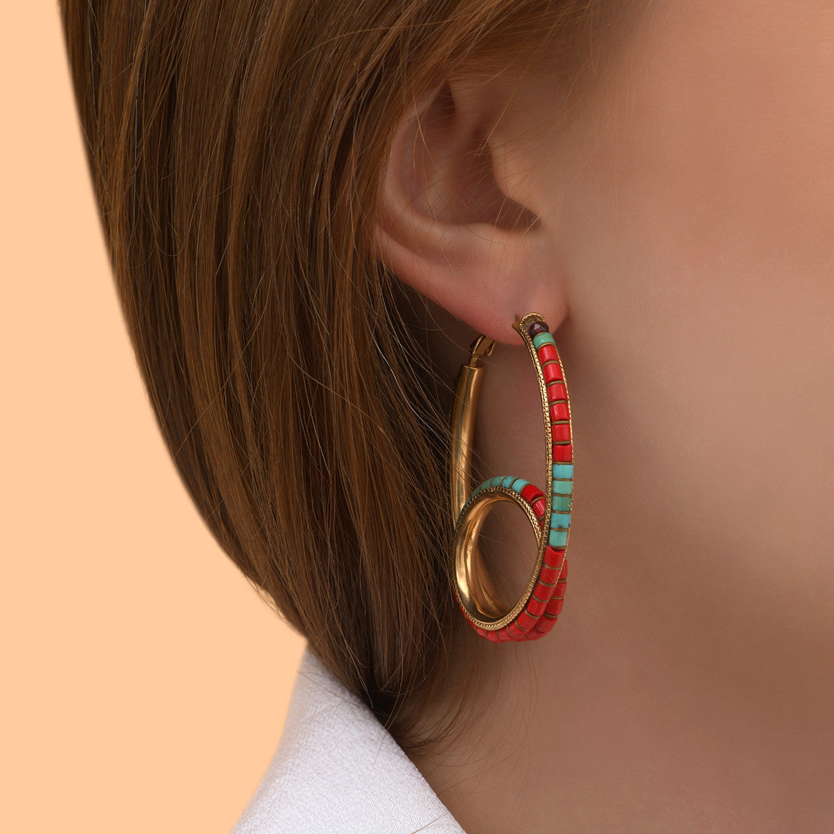 Boucles d'oreilles créoles fantaisie turquoise perles du Japon - rouge Turquoise rouge