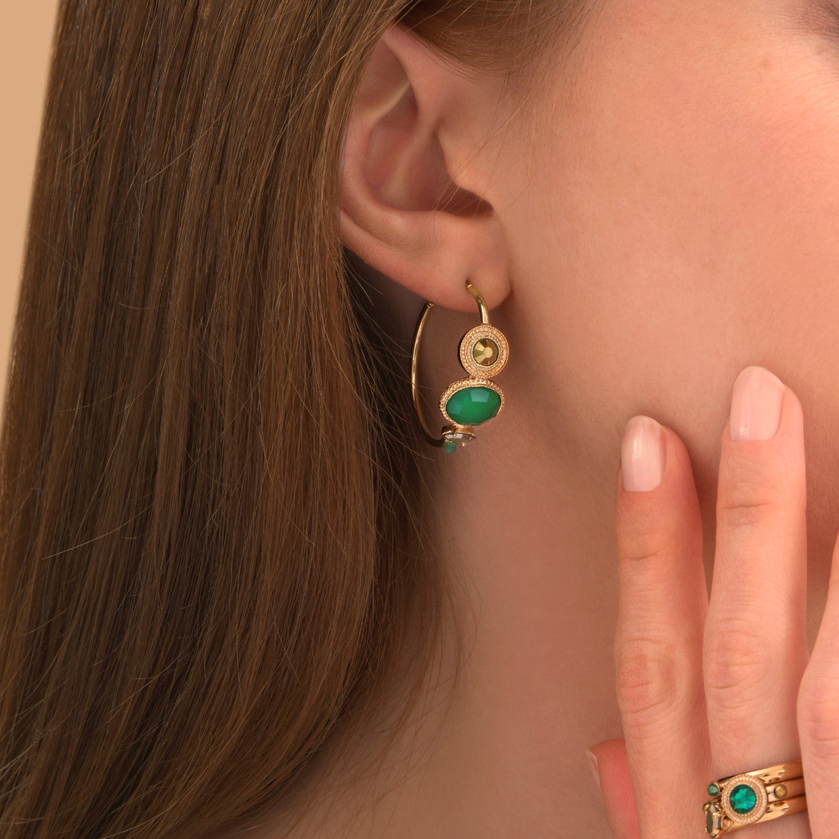 Boucles d'oreilles créoles cristaux hématite dorée - vert Vert