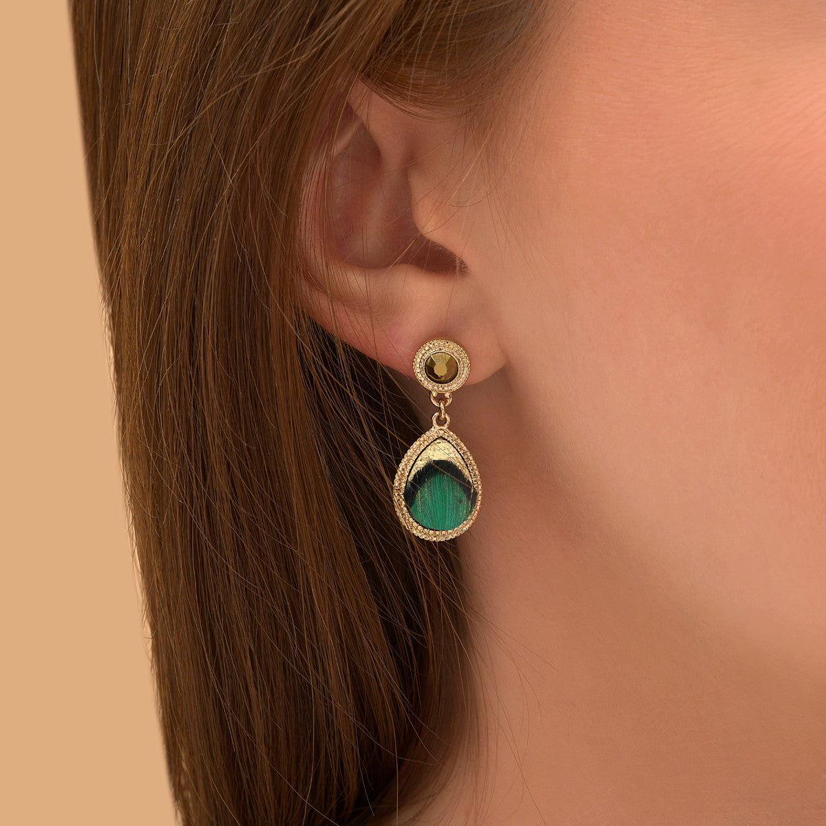 Boucles d'oreilles percées chics plume et cuir - vert Vert