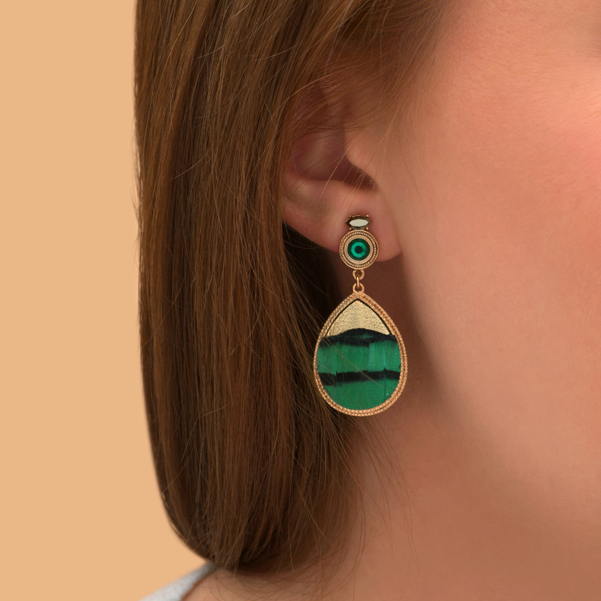 Boucles d'oreilles clips fantaisie plume et cuir - vert Vert