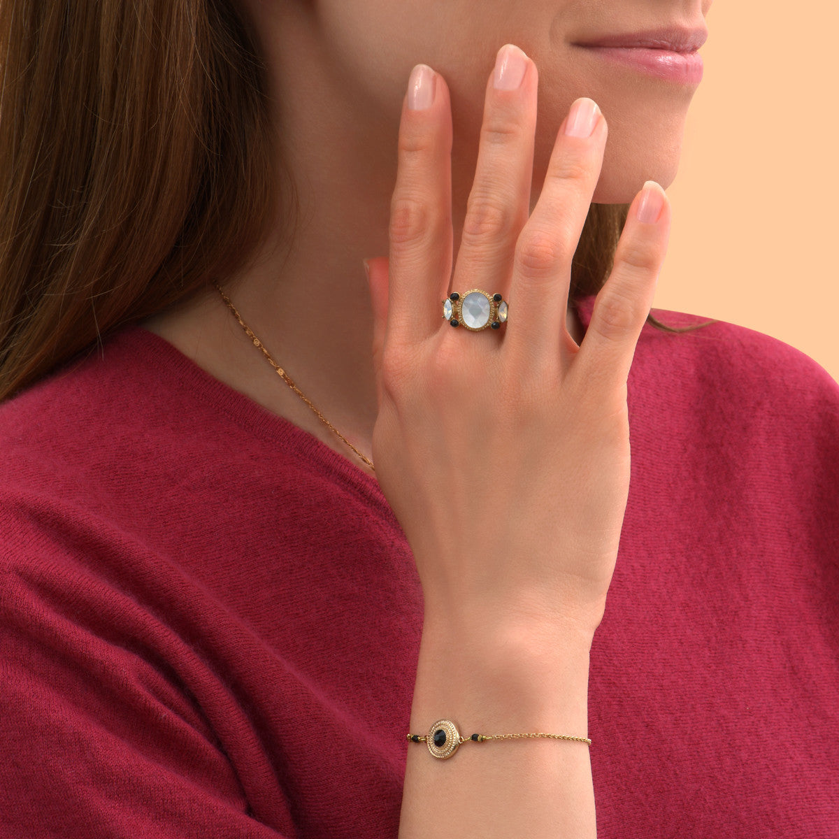 Bracelet réglable onyx et hématite doré - blanc Blanc
