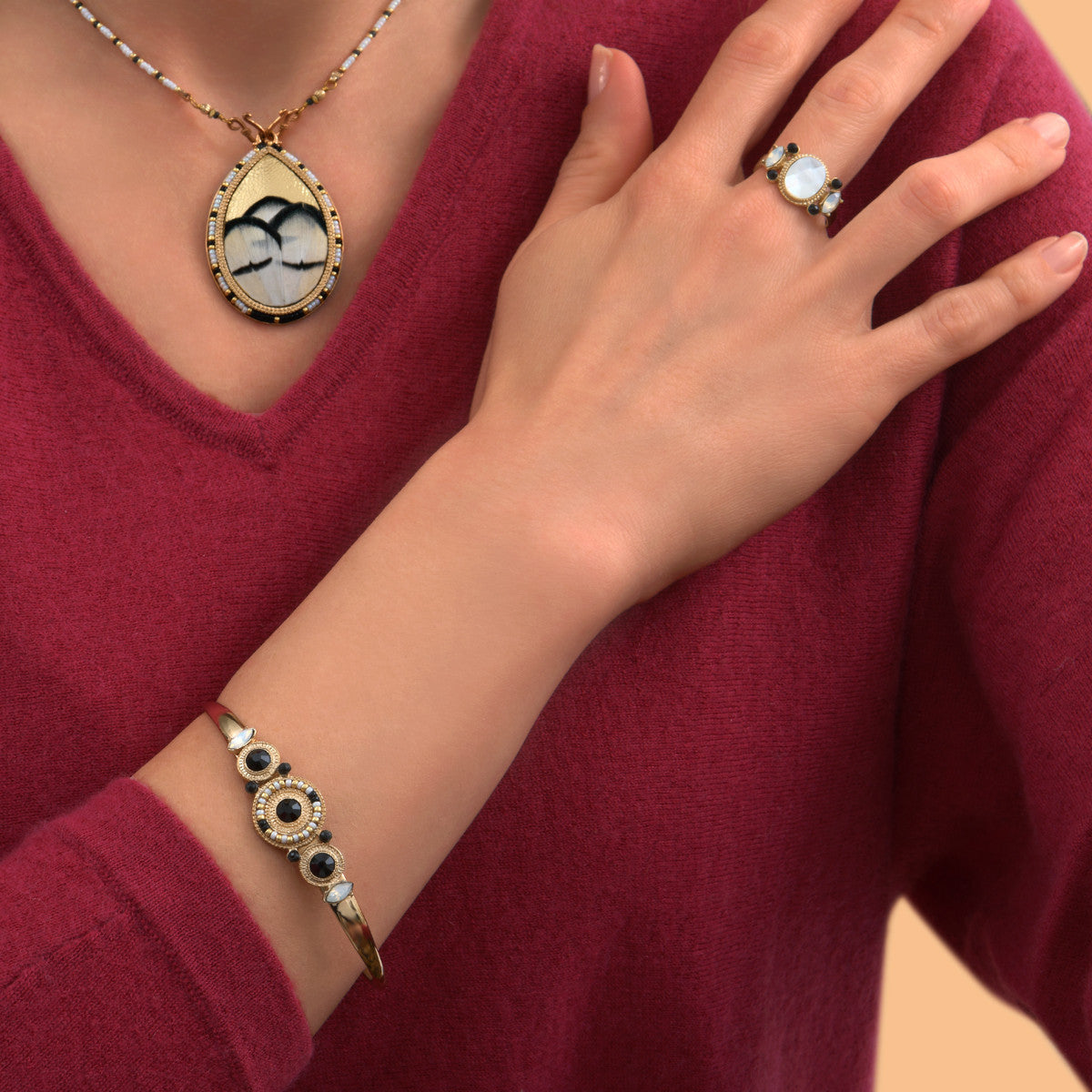 Bracelet jonc fantaisie onyx perles du Japon - blanc Blanc