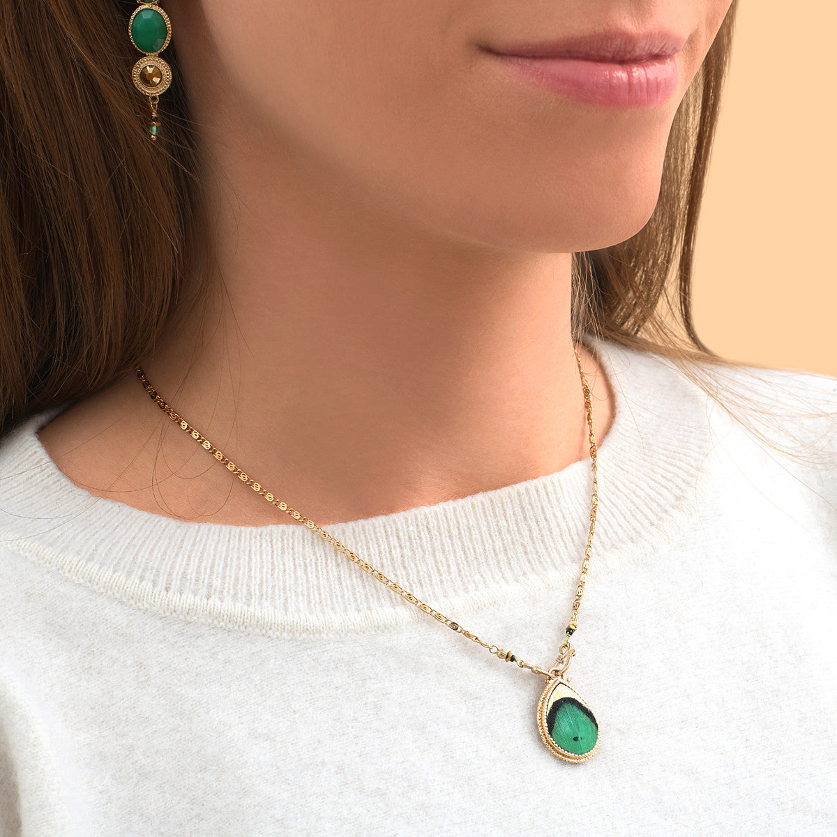 Collier pendentif chic chaîne dorée plume - vert Vert