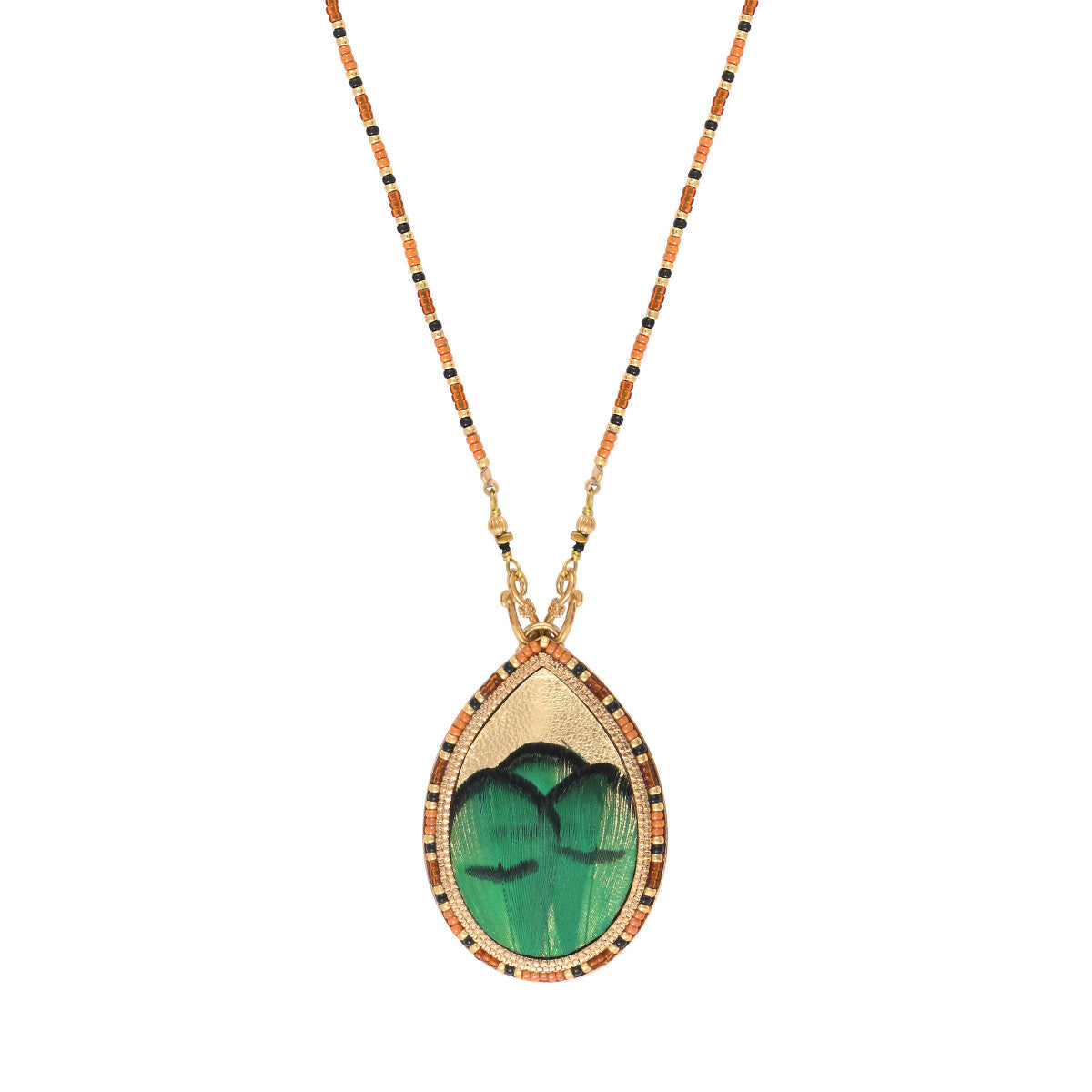 Collier pendentif poétique perles du Japon plume et cuir - vert Vert