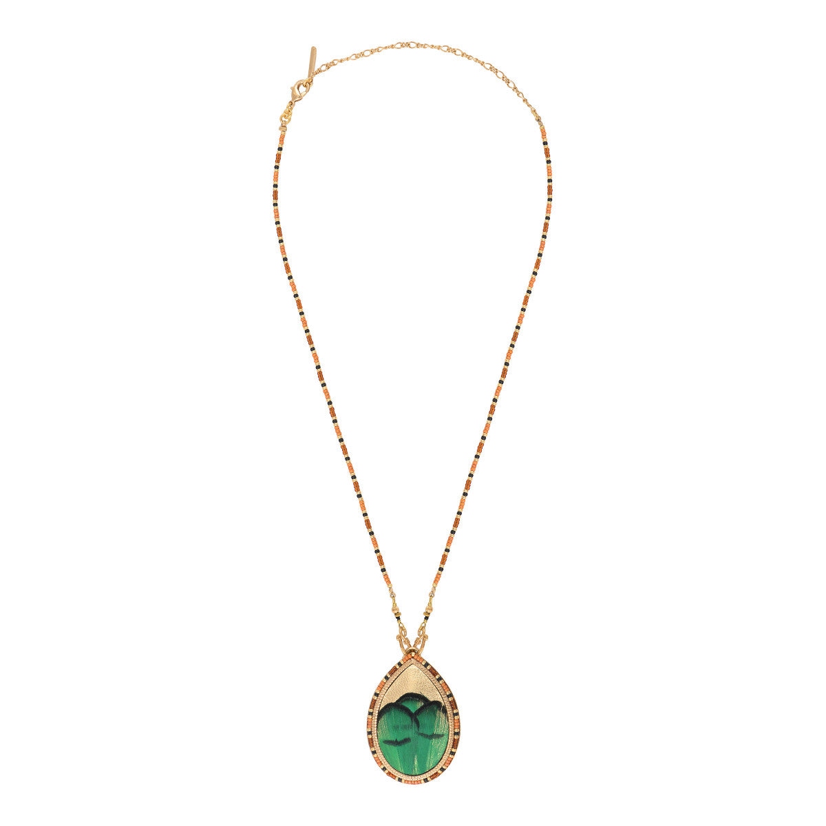 Collier pendentif poétique perles du Japon plume et cuir - vert Vert