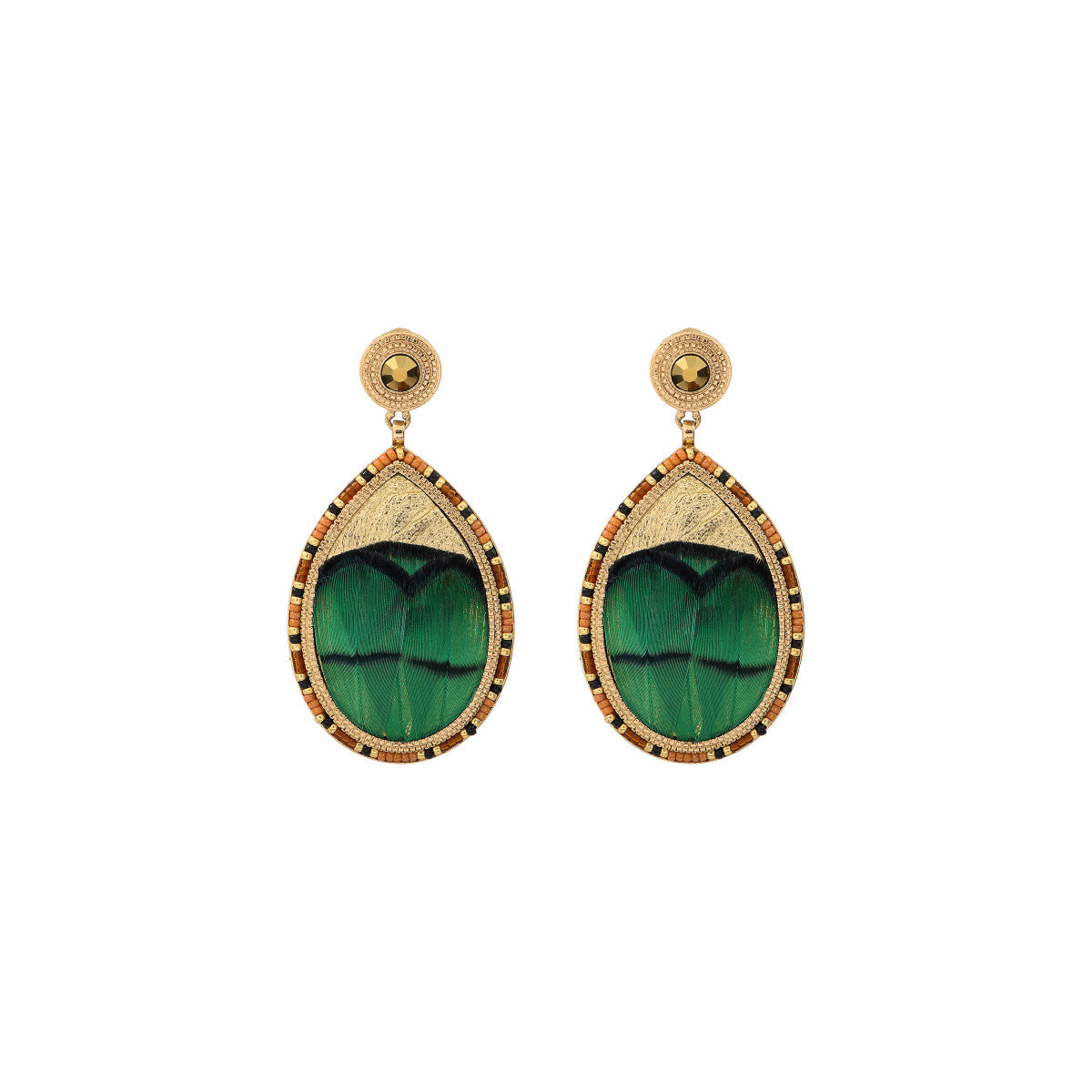 Boucles d'oreilles clips modernes plume et cuir - vert Vert