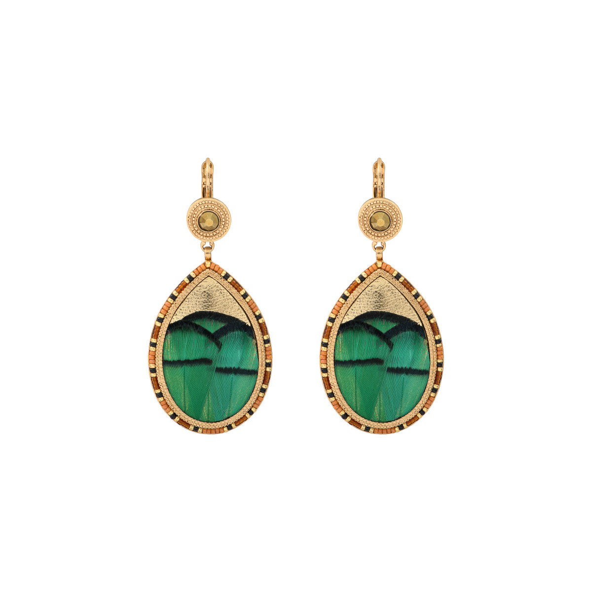 Boucles d'oreilles dormeuses modernes plume et cuir - vert Vert