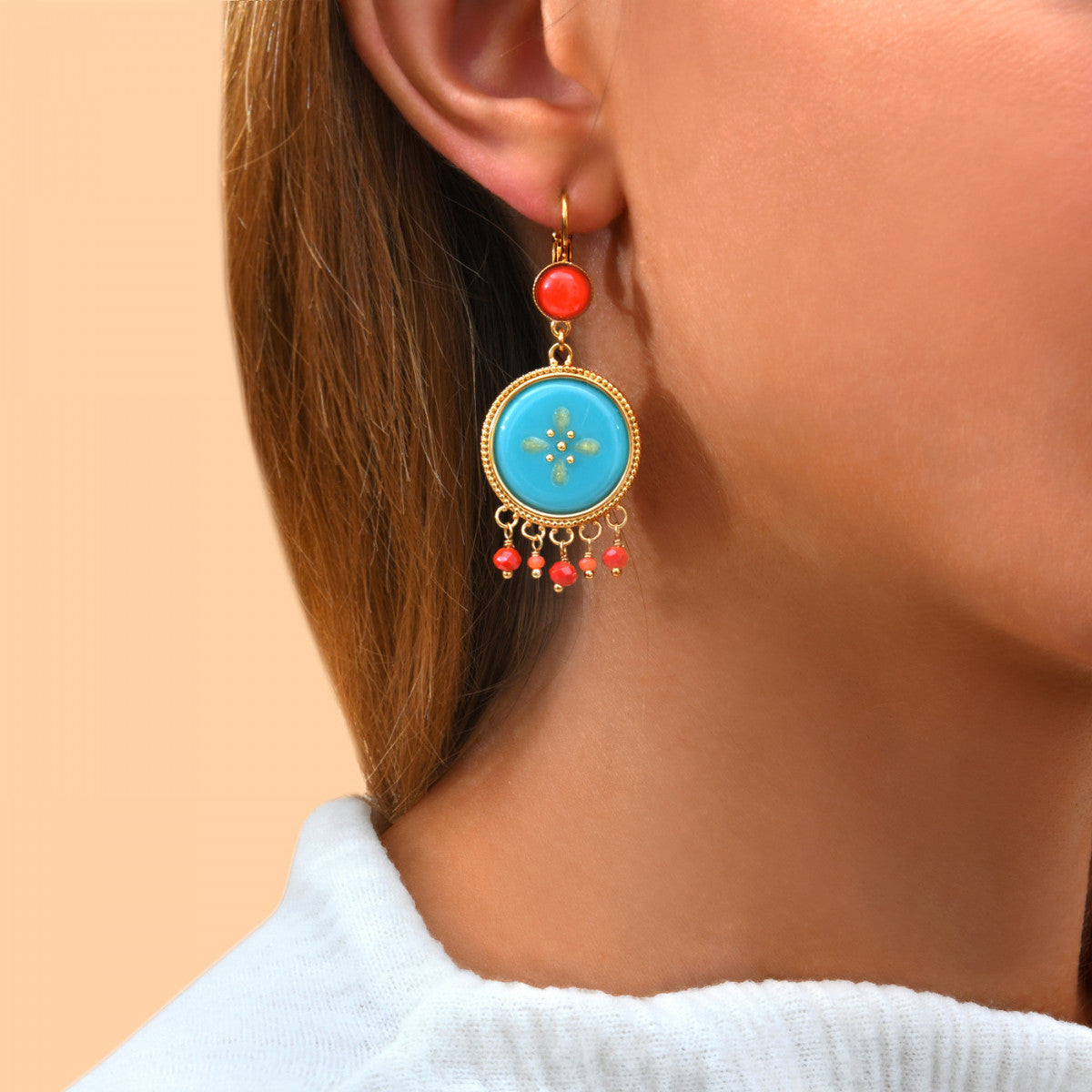 Boucles d'oreilles dormeuses baroques résine verre - turquoise Turquoise