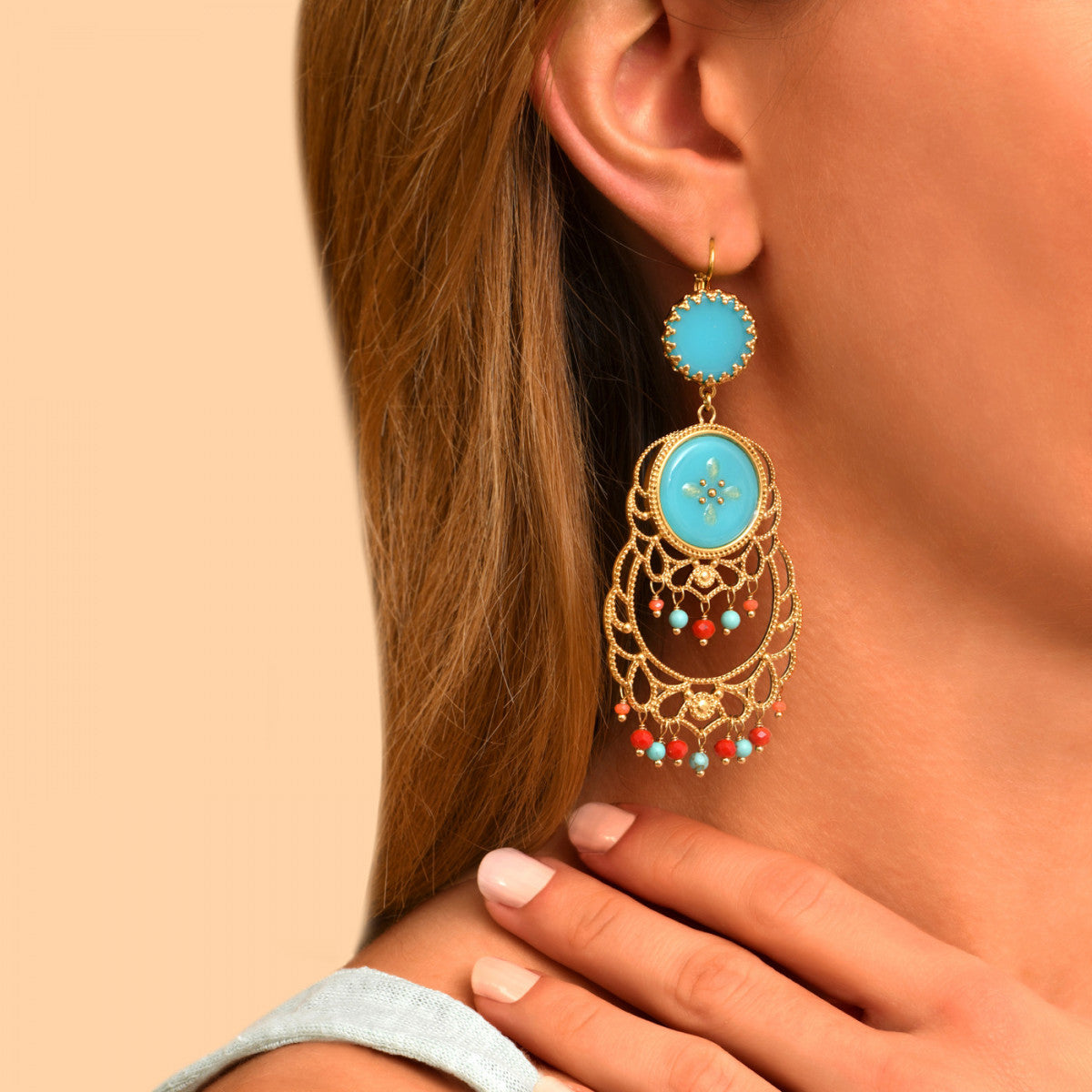 Boucle d'oreilles dormeuses fantaisie résine émaillée - turquoise Turquoise