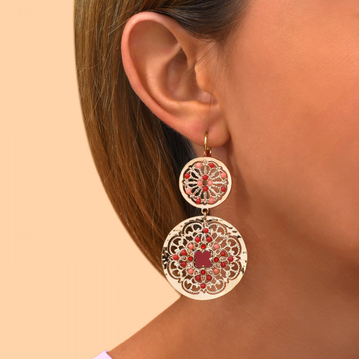 Boucles d'oreilles dormeuses glamour cristaux bambou des mers - rouge Rouge