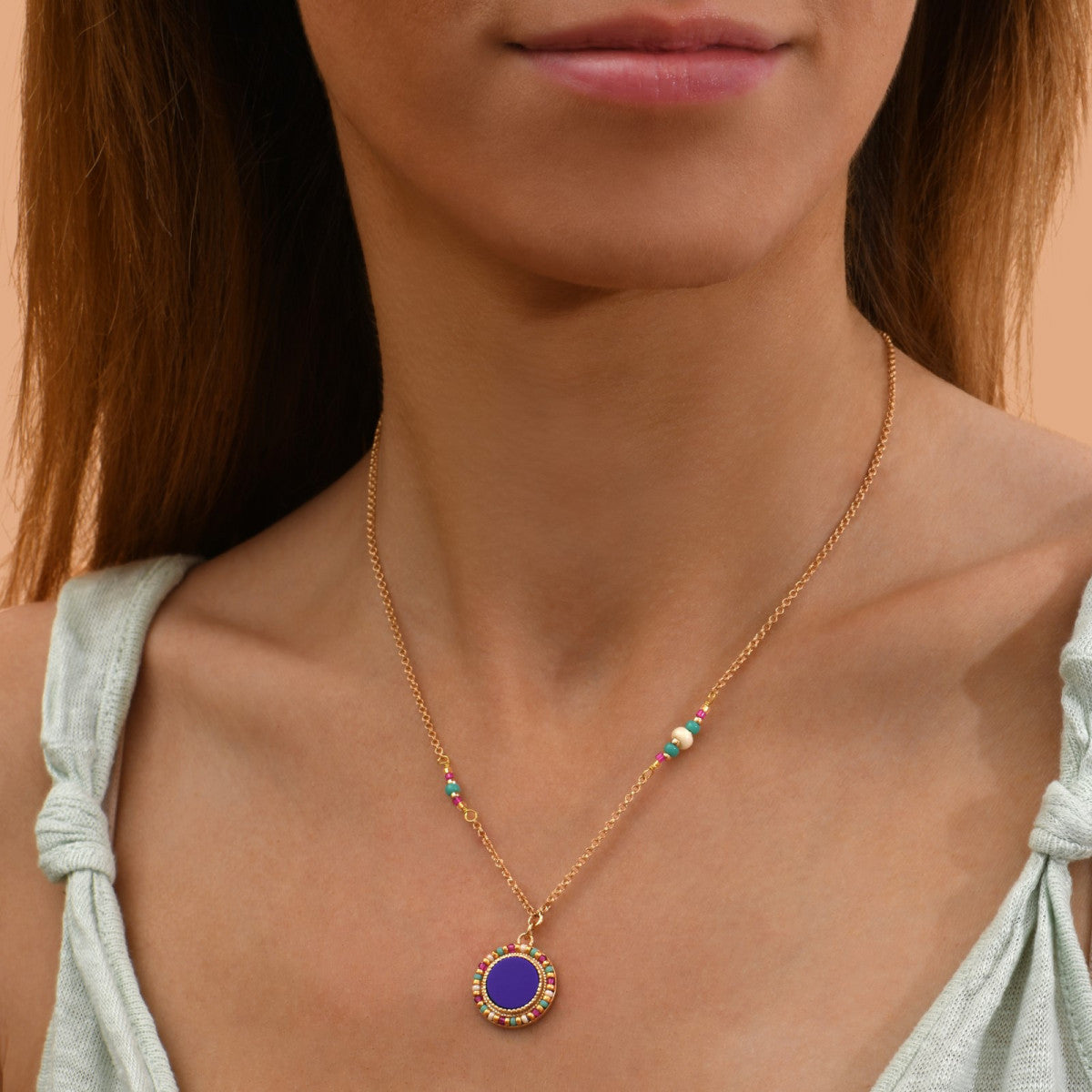 Collier pendentif réglable perles - bleu Bleu multi