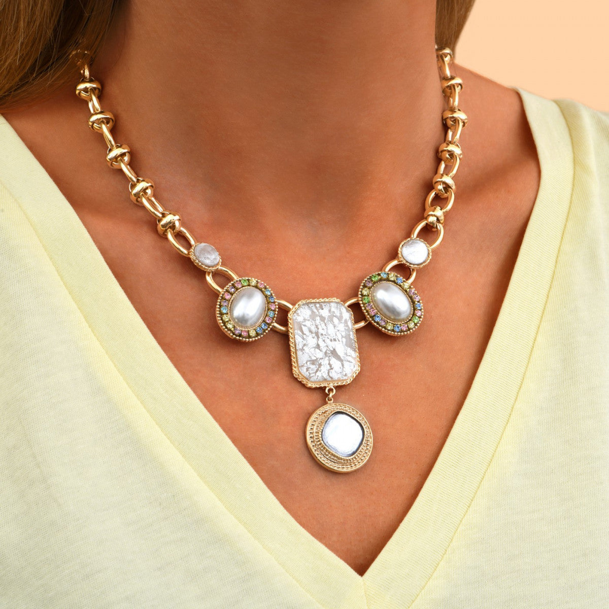 Collier plastron cabochons strass - blanc Blanc