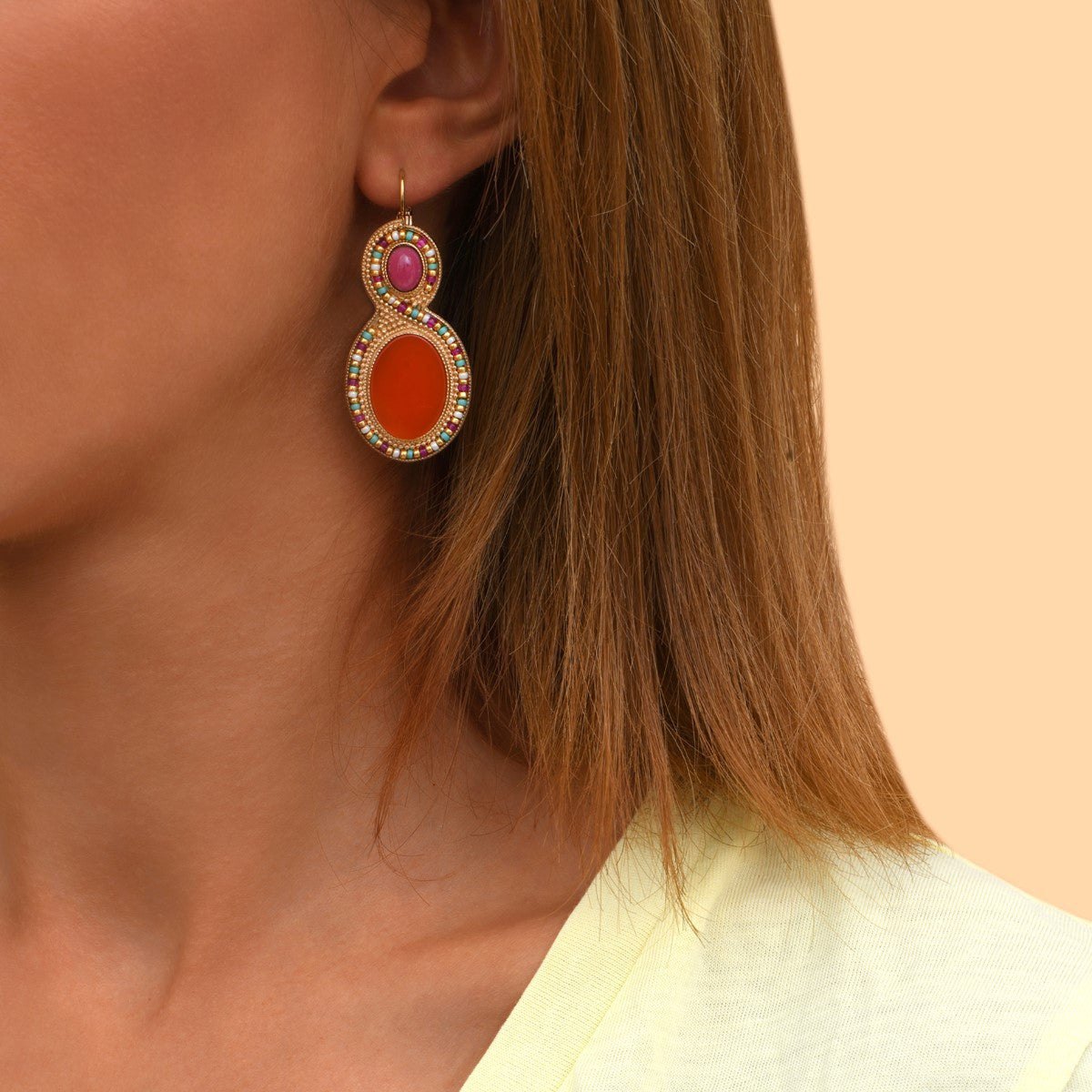 Boucles d'oreilles dormeuses fantaisie pierres dures - orange Orange multi