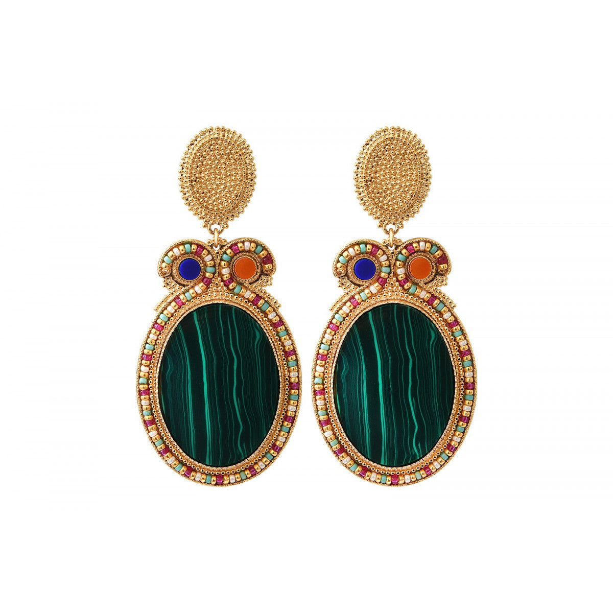 Grosses boucles d'oreilles clips malachite perles - vert Vert multi