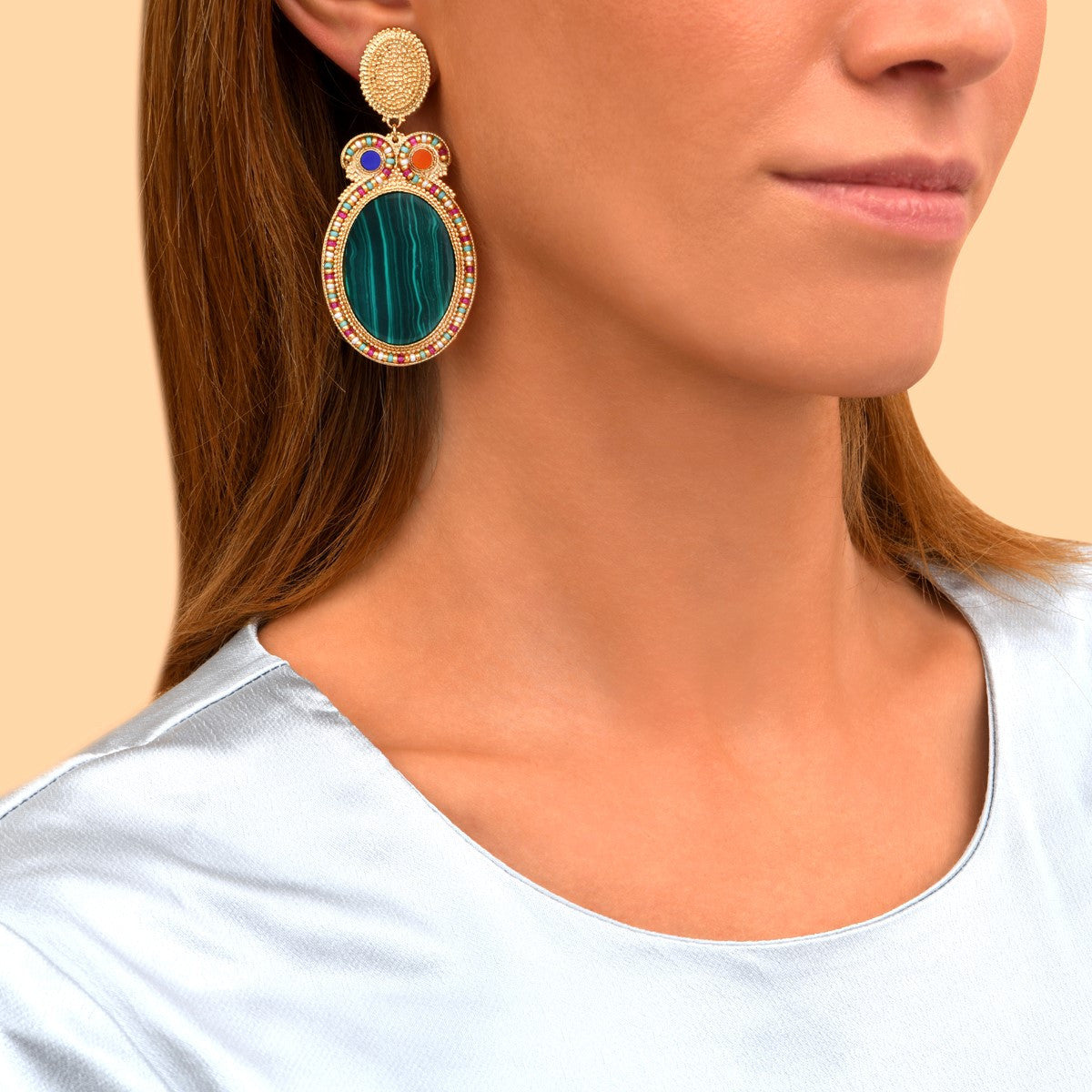Grosses boucles d'oreilles clips malachite perles - vert Vert multi