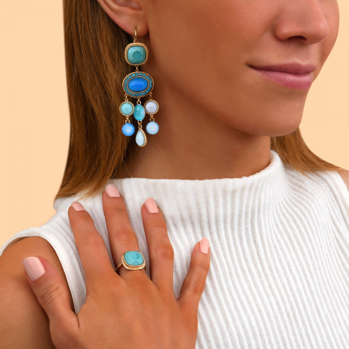 Boucles d'oreilles dormeuses chic cristaux cabochons - turquoise Turquoise