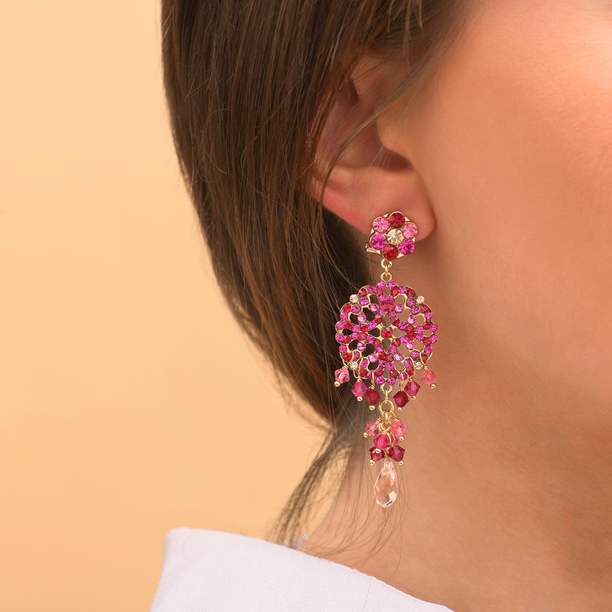 Boucles d'oreilles percées féminines cristaux prestige - rose Fuchsia