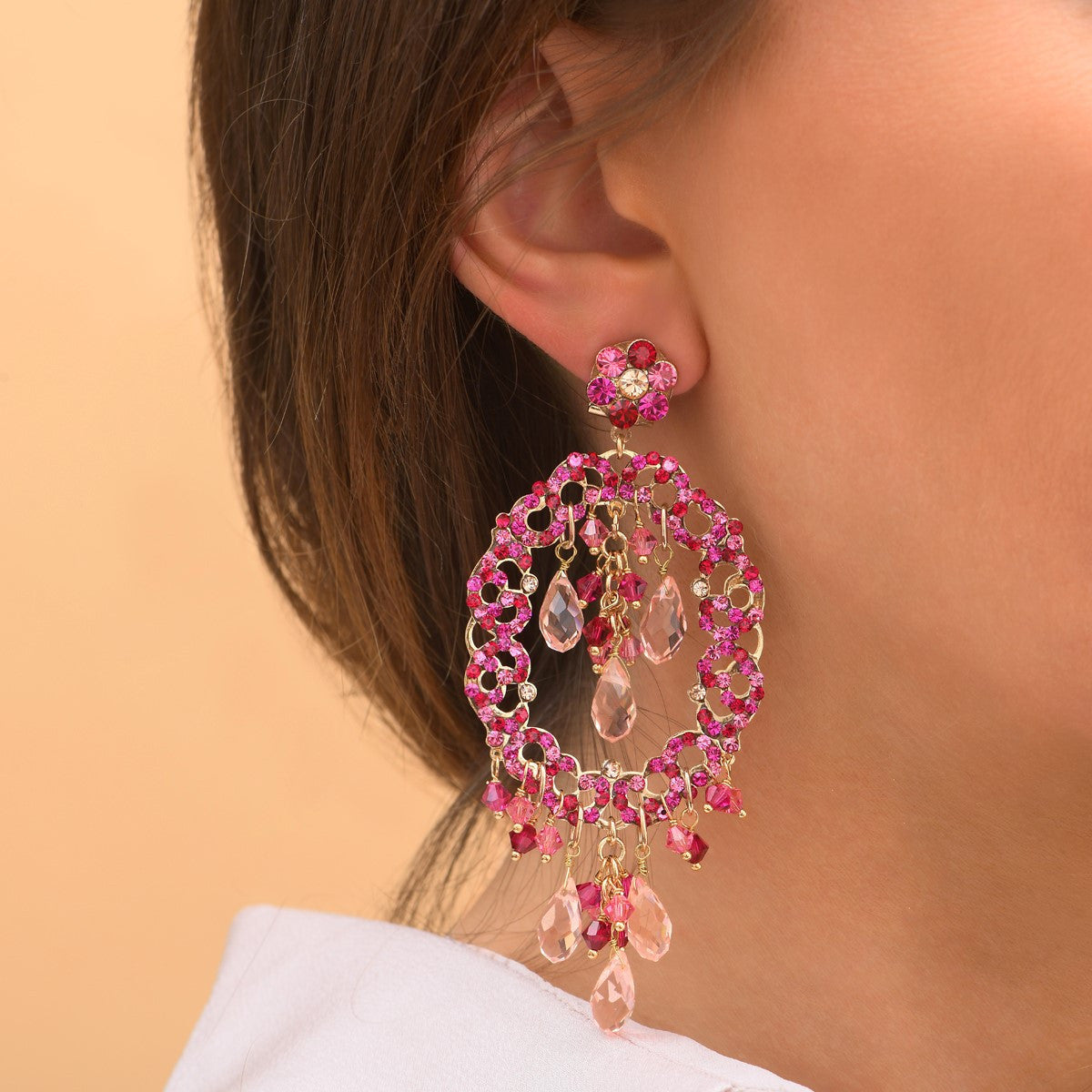 Boucles d'oreilles percées romantiques cristaux prestige - fuchsia Fuchsia