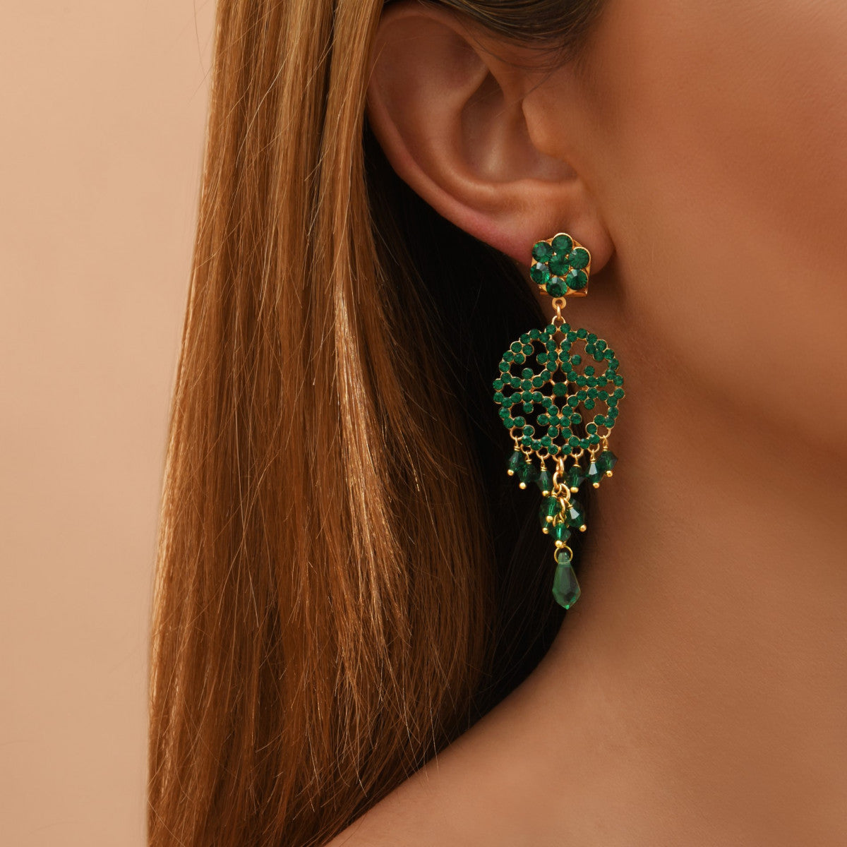 Boucles d'oreilles percées baroques cristaux prestige - vert Emeraude
