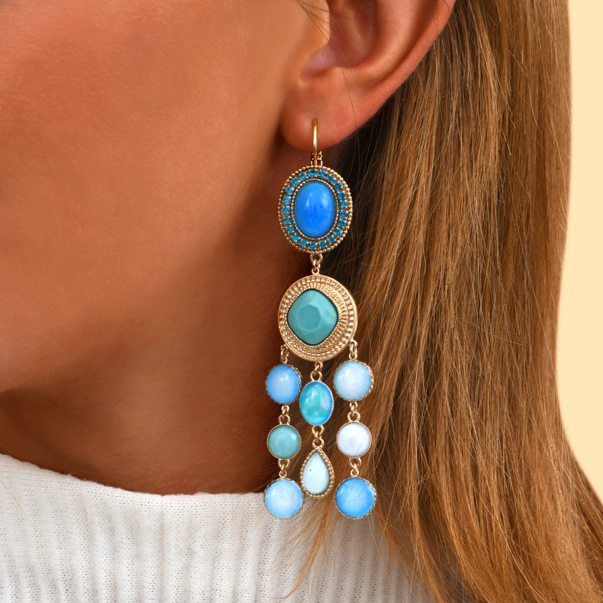 Boucles d'oreilles pendantes cristaux cabochons - turquoise Turquoise