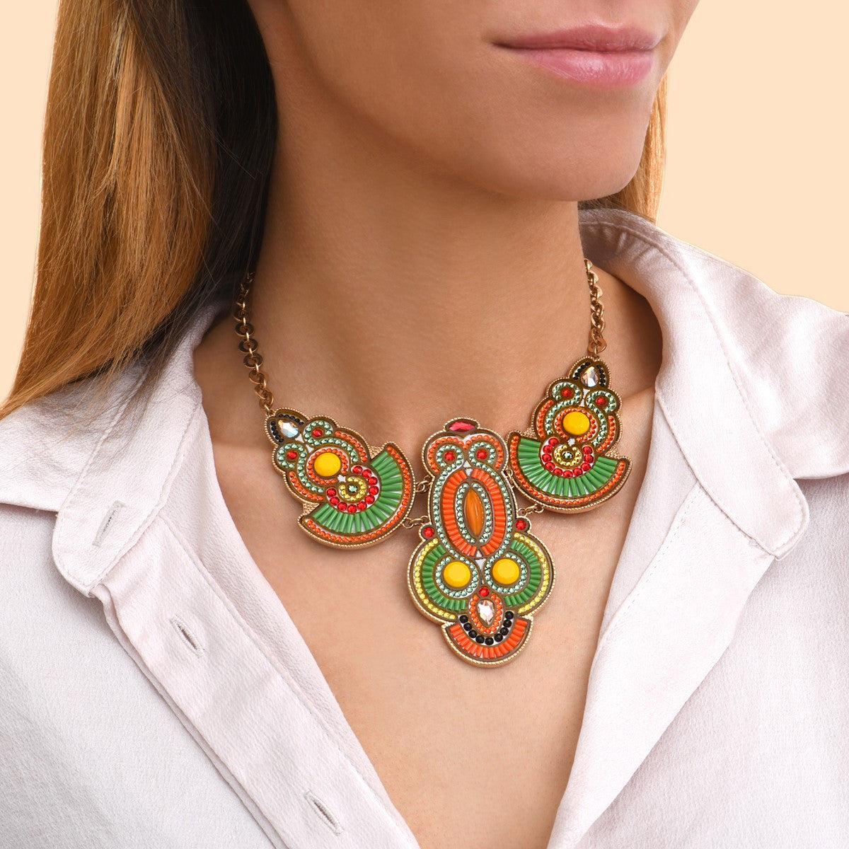 Collier plastron cristaux Prestige perles du Japon - vert Vert orange