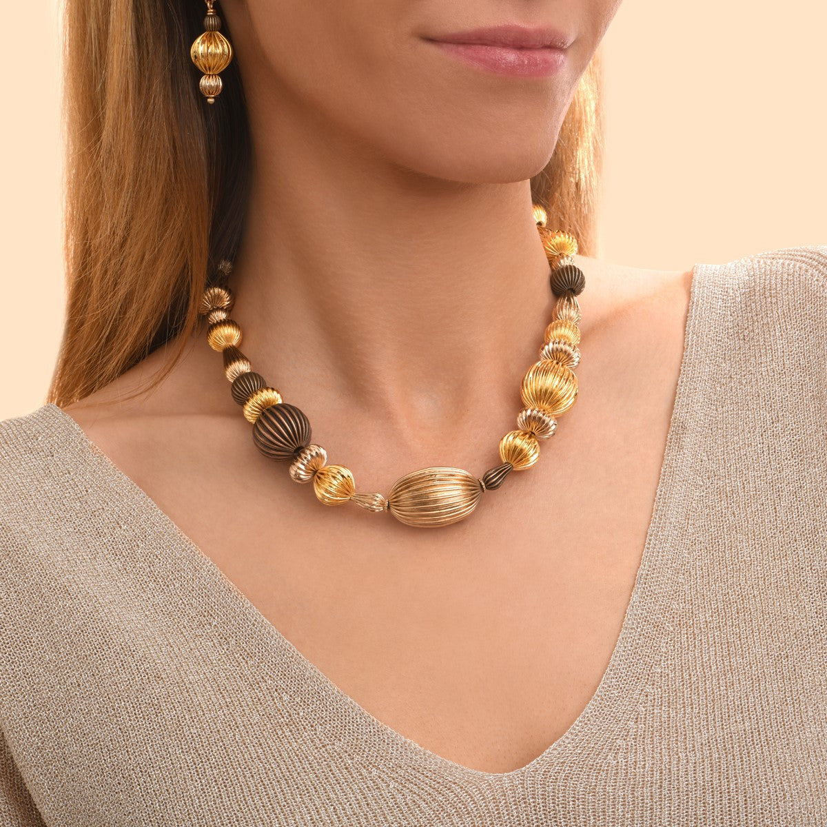 Collier court fantaisie perles godron - multi or Multi or
