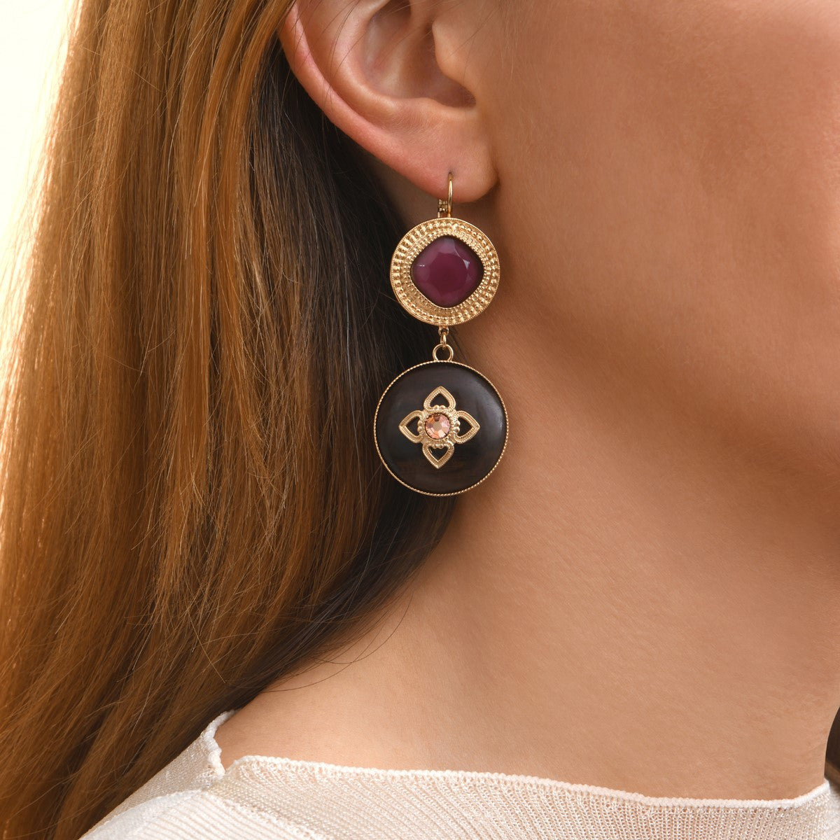 Boucles d'oreilles dormeuses chic bois cristaux Prestige - bois rouge Bois rouge
