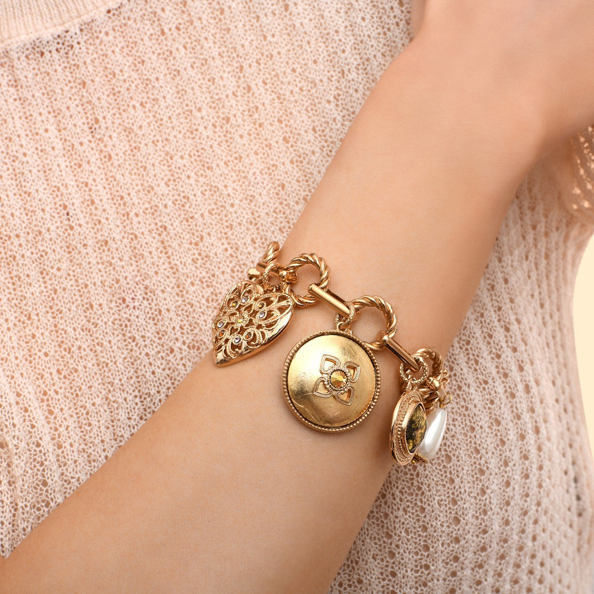 Bracelet maillons ajustable bijoux charm's perles - doré Or jaune