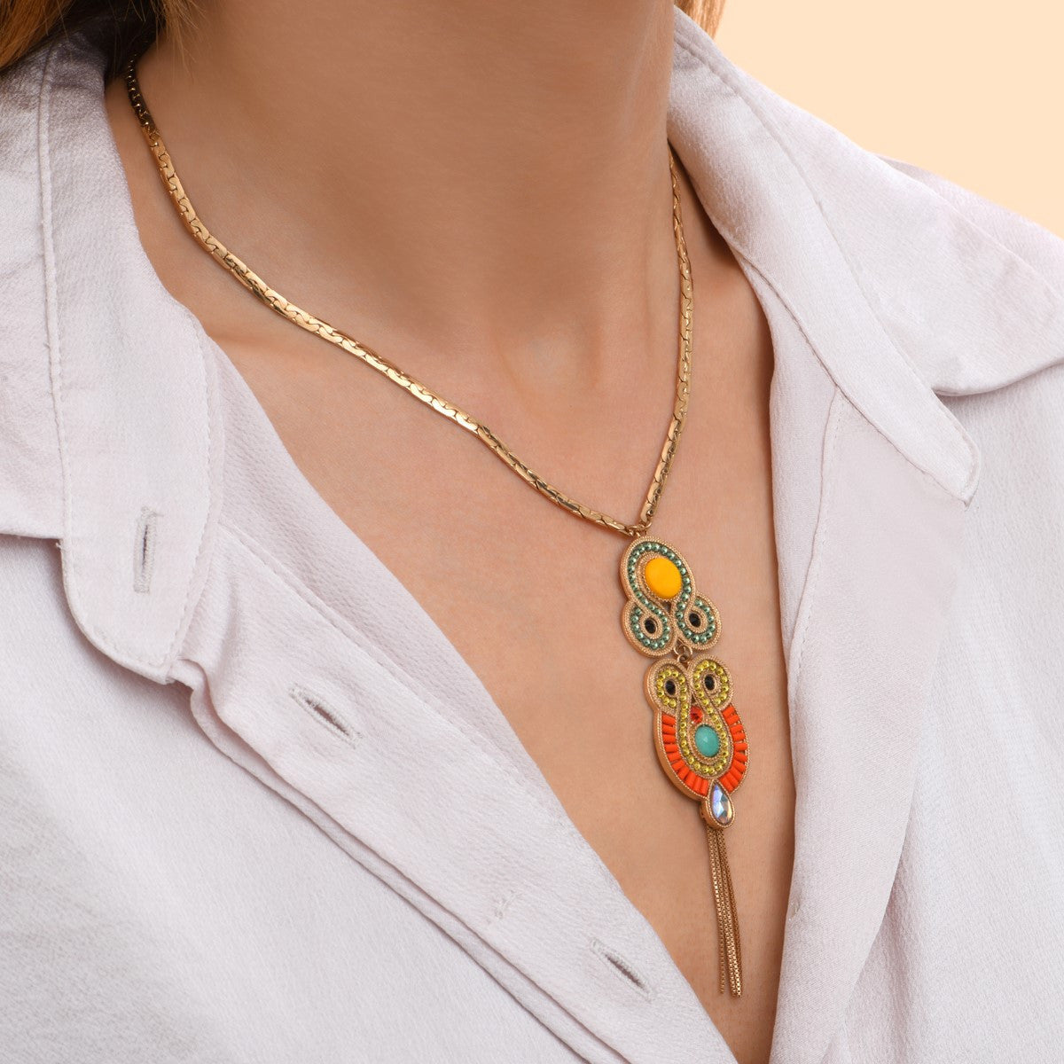 Collier pendentif réglable cristaux Prestige nacre - orange Vert orange