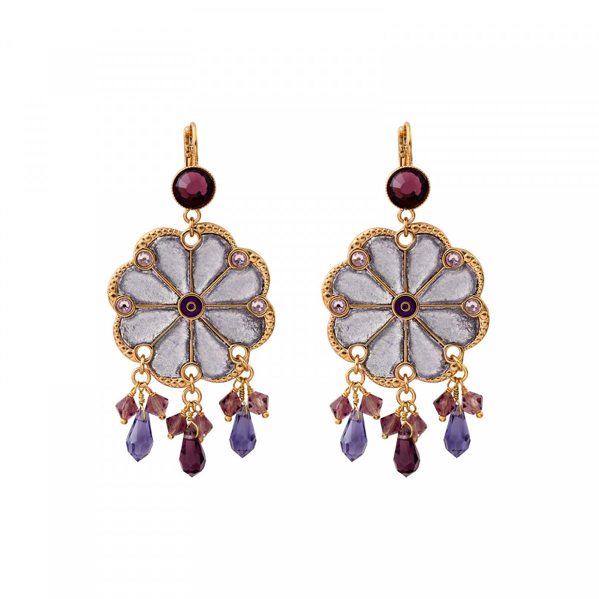 Boucles d'oreilles dormeuses feuilles d'argent cristaux Prestige - violet Violet