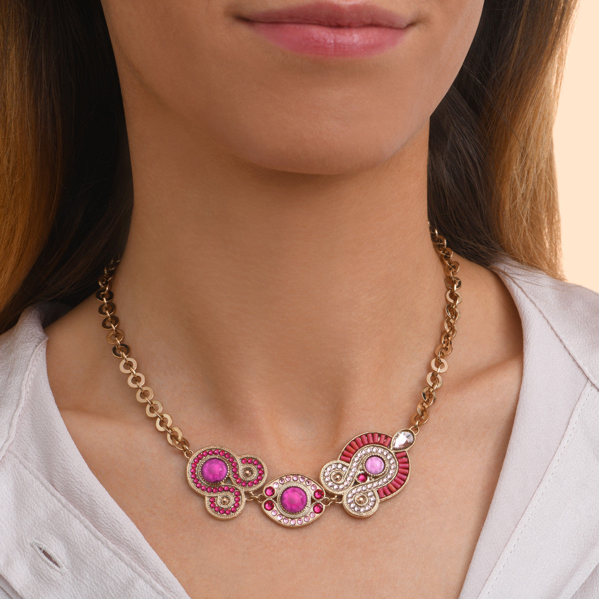 Collier chaîne court cristaux Prestige - fuchsia Fuschia