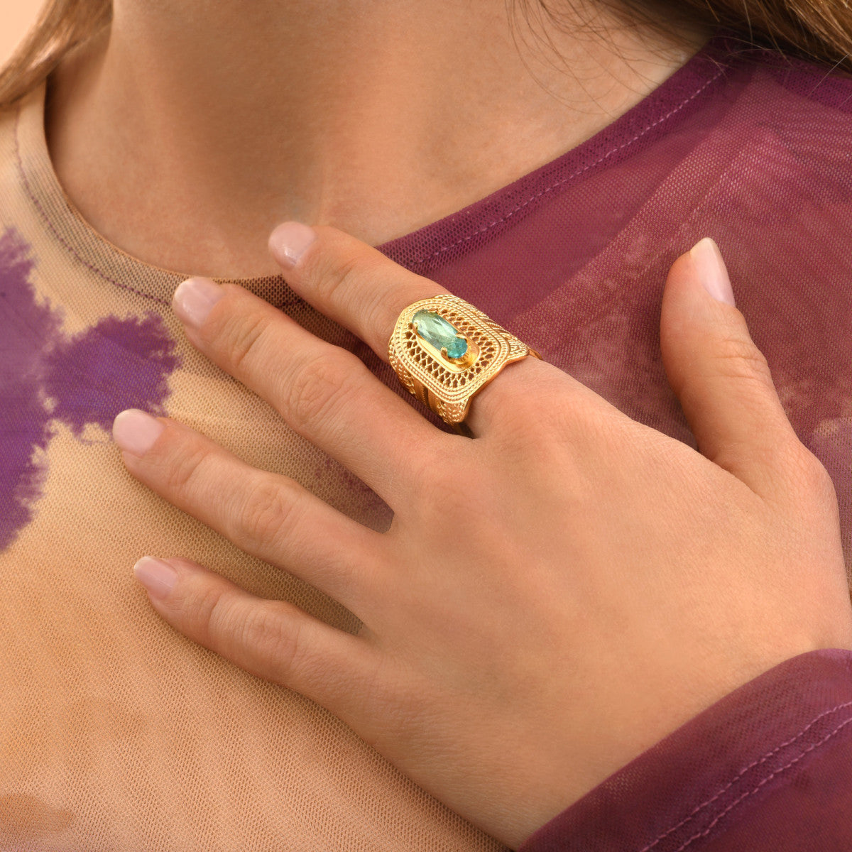 Bague large filigrane Noor cristal medium - vert Turquoise