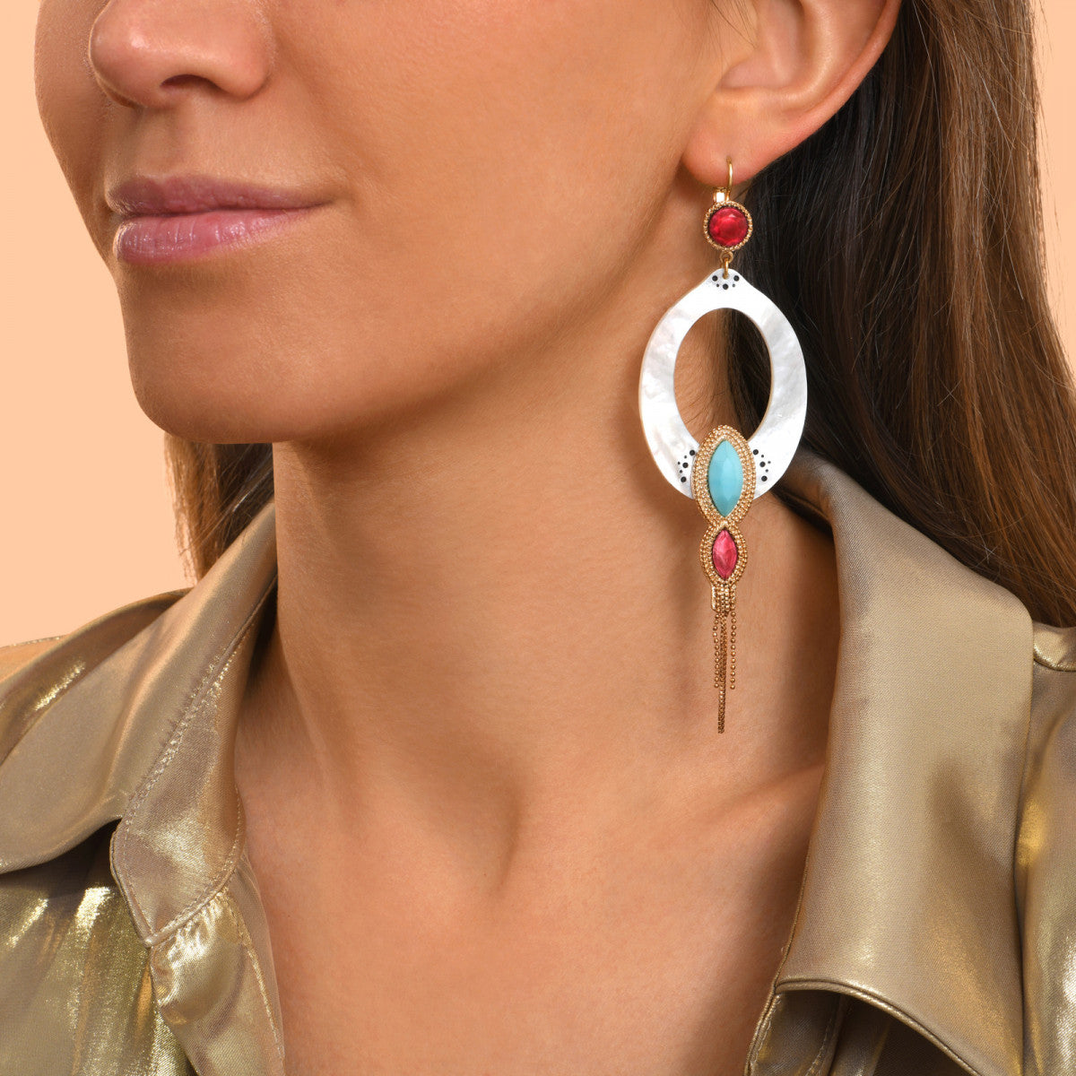 Boucles d'oreilles pendantes dormeuses nacre - blanc Nacre turquoise