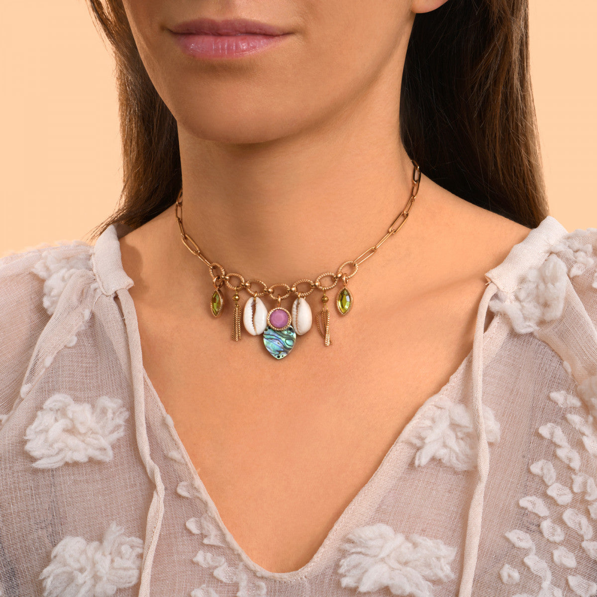 Collier charm's Mindoro nacre paua et coquillages - bleu irisé Pawa