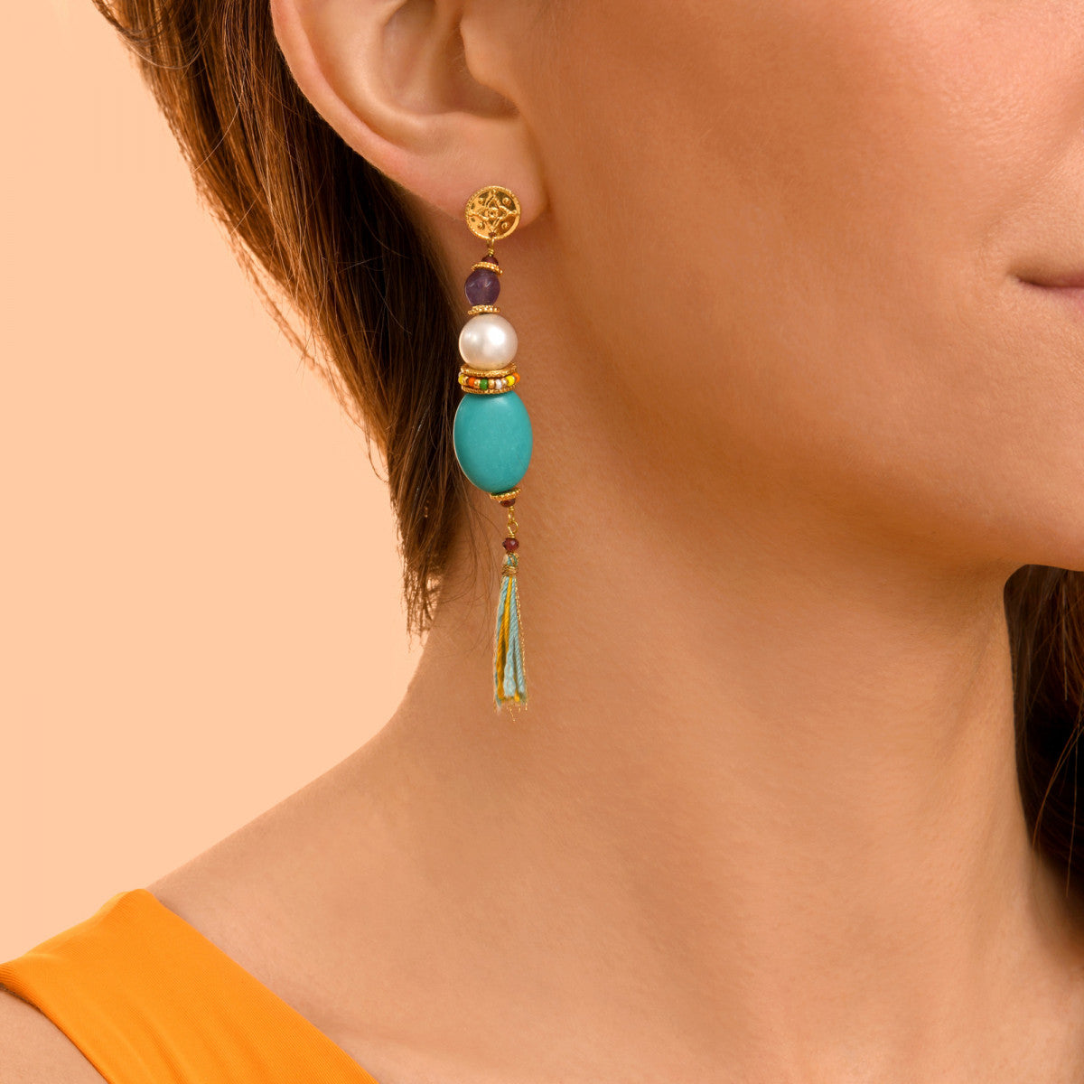 Boucles d'oreilles tiges percées Tiki pompon Turquoise