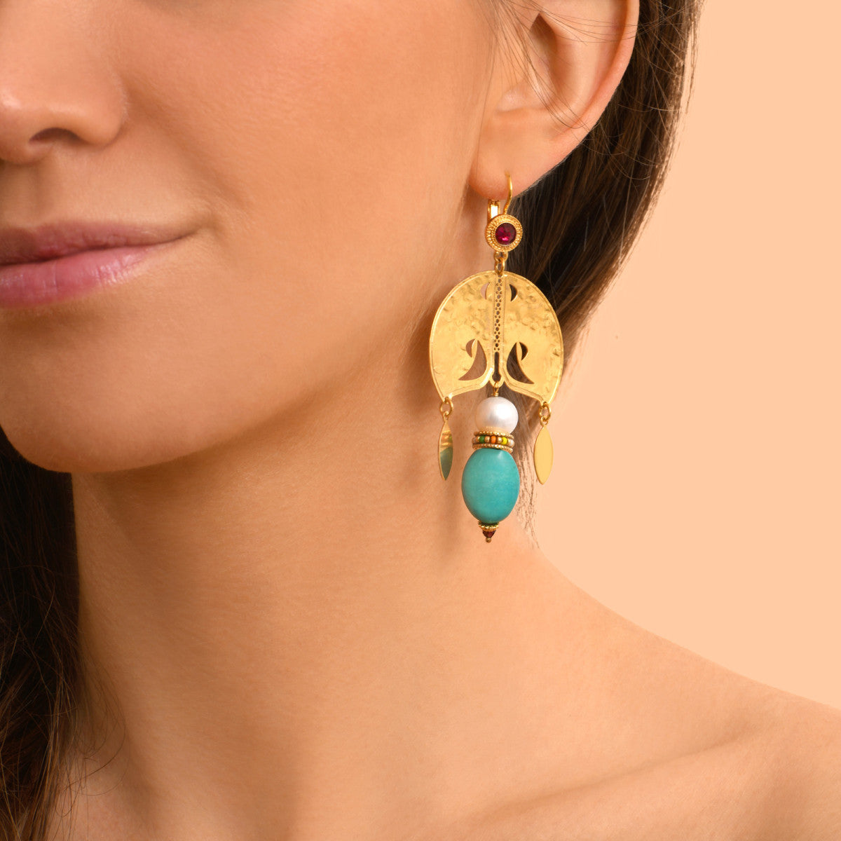 Boucles d'oreilles dormeuses tribales Tiki Turquoise