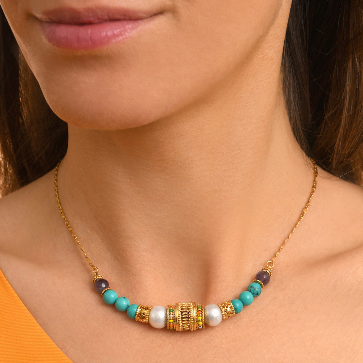 Collier chaîne réglable Tiki filigrane perles de rivière Turquoise
