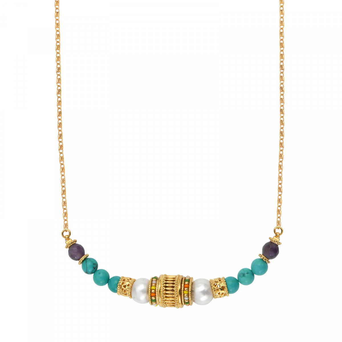 Collier chaîne réglable Tiki filigrane perles de rivière Turquoise